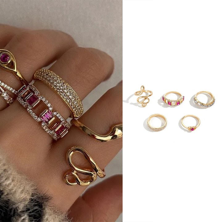 5Pcs/Set Bohemian Snake Shaped Ring Zircon Crystal Gold Metal Rings Set ...