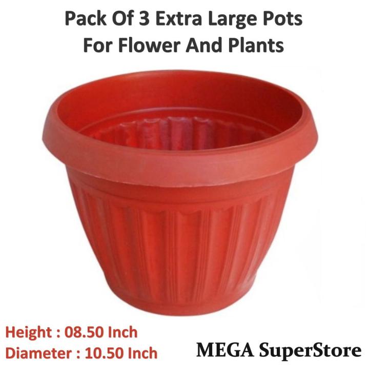 Pack Of 3 Extra Large Plastic Pots For Plants And Flowers Diameter 10.50 Inch - Outdoor And Indoor Plant Pots
