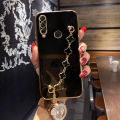 For Huawei Y9 Prime 2019 Back Cover with Bracelet Wristband Luxury Clover Chain 6D Plating Frame Shiny Girls Cases Soft Silicone Square Protective Mobile Phone Case. 
