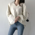 V-neck pullover solid color loose knit sweater for women's outerwear, slimming and versatile, lazy style sweater jacket. 