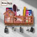 3D Home Decorative Wooden Organizer- 3D Wooden Phone Stand with Key Hooks - 3D Wooden Mobile Stand for 3 Phones - Wooden Holder for Phone, Keys, and Accessories - Wooden Organizer with 7 Steel hooks Tasbeeh Holder Remote Cover Rack Mobile Charger Holder. 