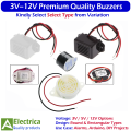 Multi-Voltage 3V, 5V & 12V Buzzers – Rectangular & Round Piezo Types for Arduino, Alarms, Toys & Circuits by Electrica. 