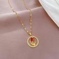 DIEYURO 316L Stainless Steel Red Tulip Flower Pendant Necklace For Women Girl Fashion Clavicle Chain Choker Jewelry Gift Wedding. 