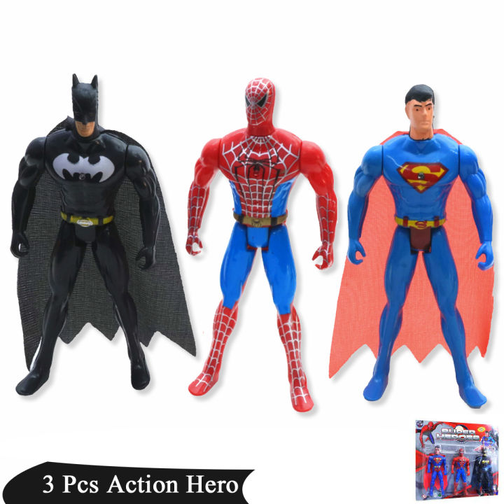3 Pcs Set - Avengers Marvel and DC Action Figures Superhero With LED Light Toys Movable Head Moveable Super Hero Figure - Superman Spiderman Batman Toy For Kids Boys Girls Baby Children - Size 11cm / 4.5 inch