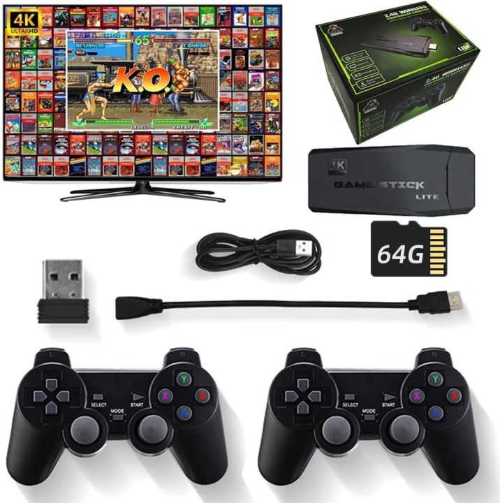 2.4G Wireless Controller Game Stick With 64gb Tf Card Plug and Play Video Game Stick Built in 10000+ Games, 4K High Definition HDMI Output with Two Game Controllers
