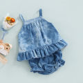 Infant Baby Girl Summer Clothes Set, Tie Dye Sleeveless Ruffled Vest + Elastic Waist Shorts with Bow. 