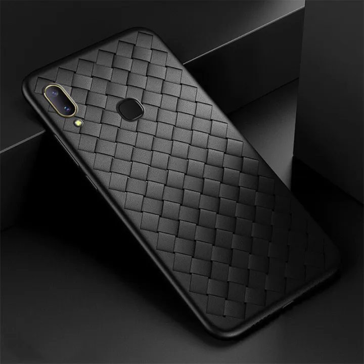 lthmy for Vivo V11i 1806 phone case Leather Texture Finish Non-Slip Grip Full Body Protection Cover  Flexible Silicon Luxury Plaid Breathable