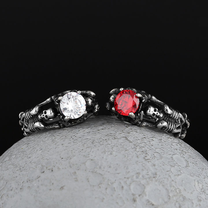 Engrave Name Servise 2022 New Gothic 316L Stainless Steel Skull Ring With Stone For Man Women Couple Wedding Gift Dropshipping