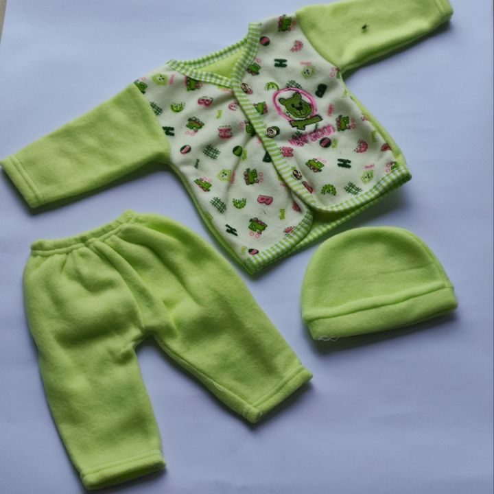 Newborn Baby winter fleece 3 piece suits with shirt , cap , pajama trouser suitable for 0-3 months unisex colors and designs