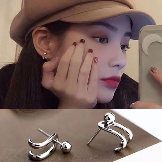 Earings%20For%20Girls%20Korean%20Earings%20For%20Girls%20Stylish%20Ear%20Studs%20Fashion%20double-line%20light%20bead%20earrings%20women's%20back-hanging%20C-shaped%20earrings%20-%20Image%202