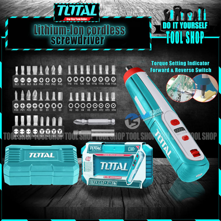TOTAL Original Lithium-Ion Cordless Screwdriver Machine with 42 pcs Screwdriver Bit Accessories with Case By *Tool Shop*