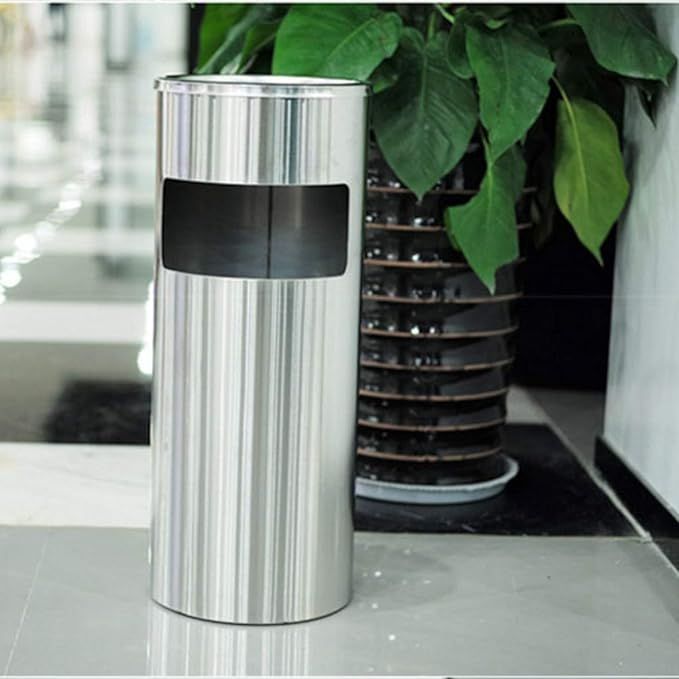 Round Stainless Steel Trash Can with Grid Ashtray Outdoor Dustbins Hotel Recycling Compost Bins Location Paper Storage Bins