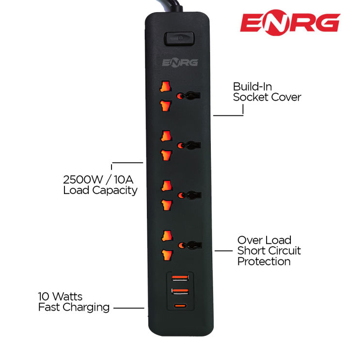 Energy  ENRG Smart Universal Extension Board 4 Power Socket + 3 Usb Ports Plug For Electronics Mobile Charging With 2 Meter Heavy Duty Copper Wire Black