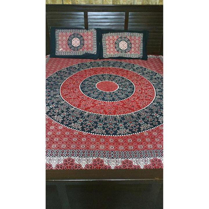 Sindhi Ajrak Style Cotton Bedsheet for King Size Double Bed 3 pcs