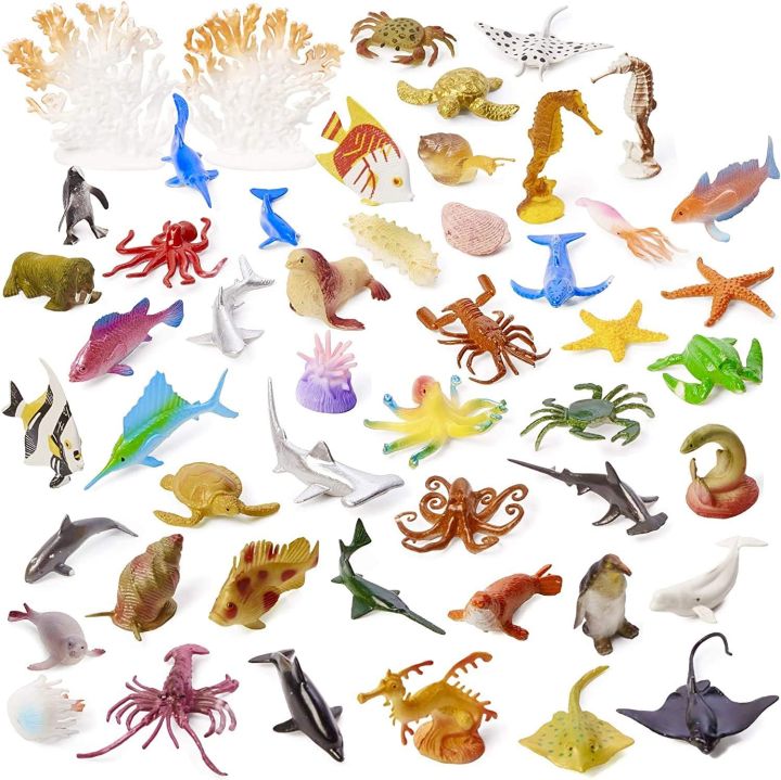 19 Pcs - Ocean Creatures Mini Sea Animal Kingdom Toy Set - Silicone Rubber Fish Action Figure Under Water Character World Wild Animals Jungle Zoo - Tiny Big Large Size For Kids Boys Girls Baby Toys