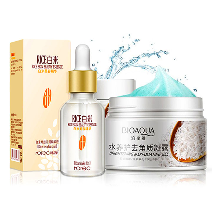 ROREC White Rice Whitening Glowing Face Serum BIOAQUA Whitening Brightening Exfoliating Facial Scrub Gel - Pack of 2 Deal - 15ml - 240gm