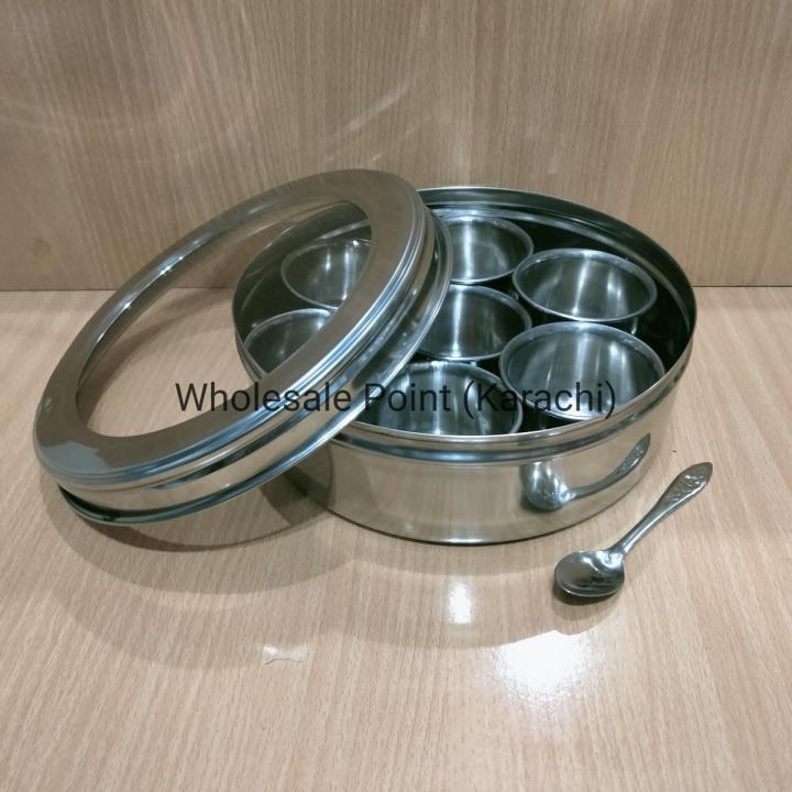 Stainless steel spice box with transparent lid and 1 pc spoon includes 7 containers masala peti masala box Kitchen Storage & Accessories