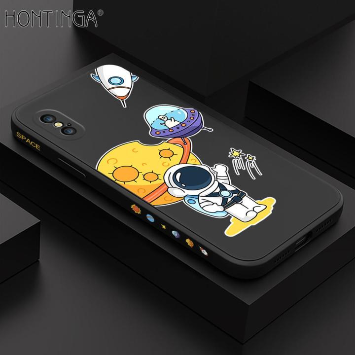 Hontinga for iPhone X / XS Case Side Design Phone Cover Moon Space Astronaut Cover Square Edge Pattern Liquid Silicone Trend Case