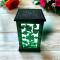 Handcrafted Wooden Lamps With Different Colorful Lights. 