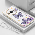 Redmi A3 Little Daisy Luxury Butterfly Flower Casing Square Edges Plating Back TPU Soft Case with Lanyard Cover. 