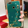 For Huawei Y7 Prime 2018 Back Cover with Love Heart Chain Wrist Strap Fashion Bracelet Shiny Plating Bumper Protective Case Silicone Shockproof Mobile Phone Cases. 