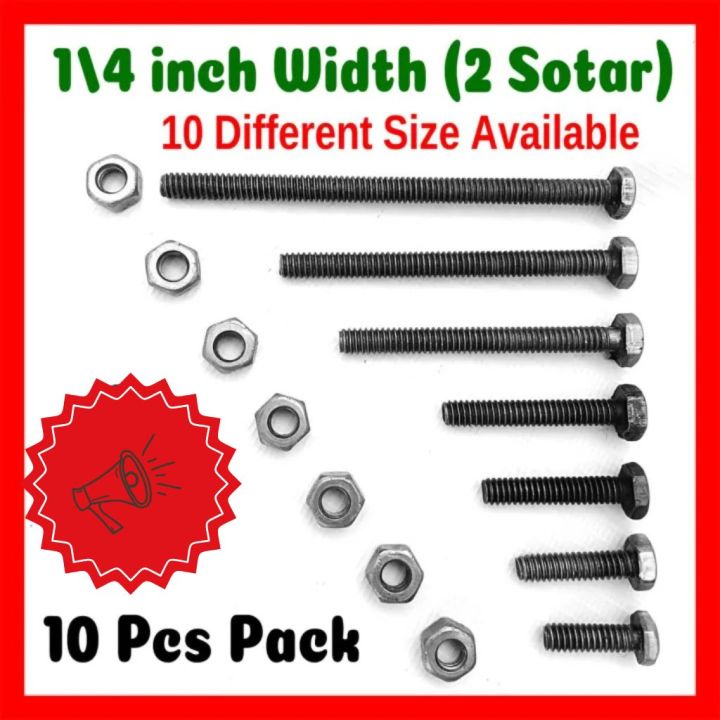 10Pcs Black Hexagonal Nut and Bolt Screw Set – 1/4 Inch Width (2 Sotar) – Assorted Sizes – High Strength Steel Nut Bolt Kit for DIY, Repair, Machine & Hardware Use – 10 Different Sizes