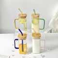Drinking Glass with Straw, Handle and Bamboo Lid, Juice and shake Glass, Large Size. 