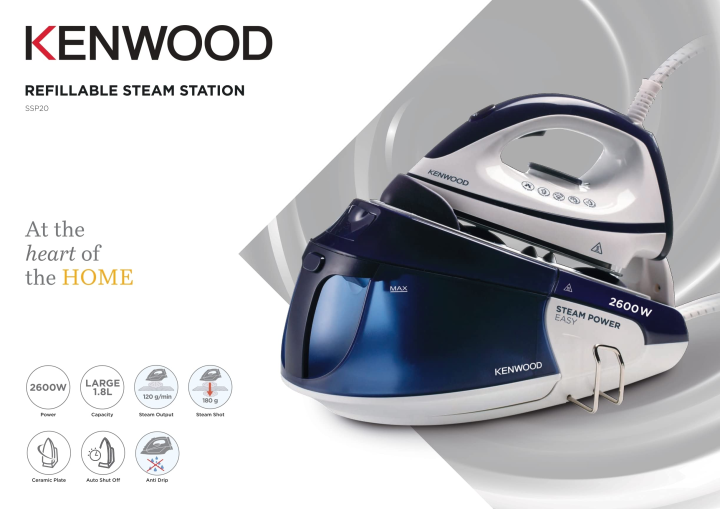 New KENWOOD Steam Iron Steam Station 2600W with 1.8L Water Tank Capacity, Ceramic Soleplate, 180g Steam Shot, Anti Drip, Auto Shut Off, Self Clean Function SSP20.000WB White/Blue
