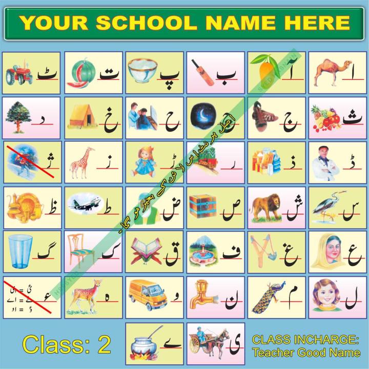 Urdu Alphabetic Hroof Tahaji with Pictures - Board and Chart Graphics Flex sheet Panaflex Penaflex pana pena flex for Learning Education and Decoration of Class Room of School and College with customise Your School and Teacher Name