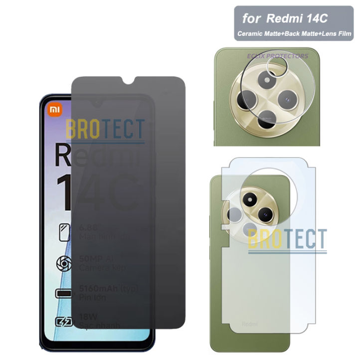 3 IN 1 xiaomi Redmi 14C Ceramic Matte Screen Film Protector + Back Matte Protector Soft Skin Sheet + Back Camera Glass Protector Flexible 9H Gorilla Lens Glass For MI 14C - Transparent