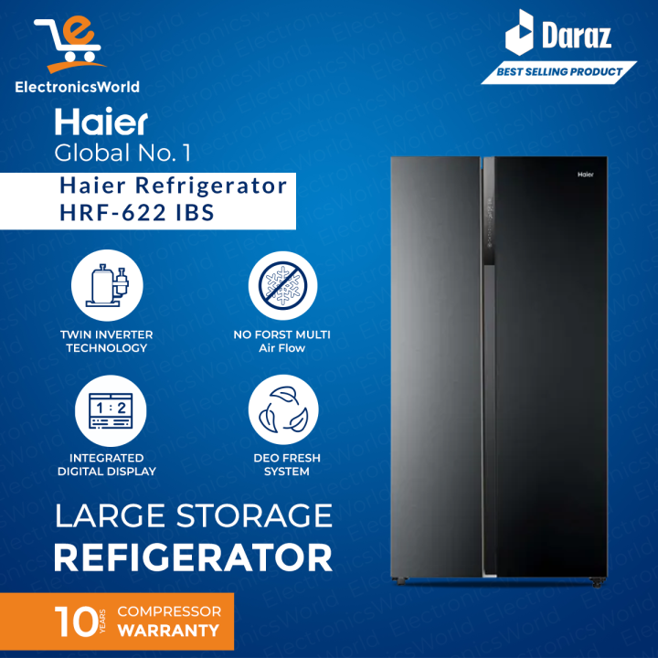 Haier Refrigerator - HRF-622 IBS Side by Side- Twin Inverter Technology-(20 Cubic Feet)-10 years Warranty