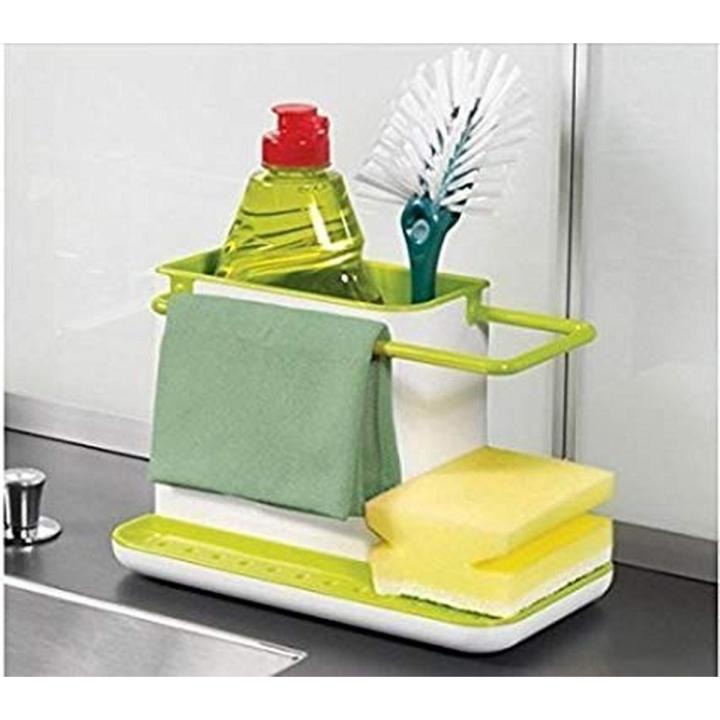 3 in 1 Kitchen Sink Organizer Stand Sink Draining Holder Towel Rack Storage Box (for Dishwasher Liquid, Brush, Cloth, Soap, Sponge)