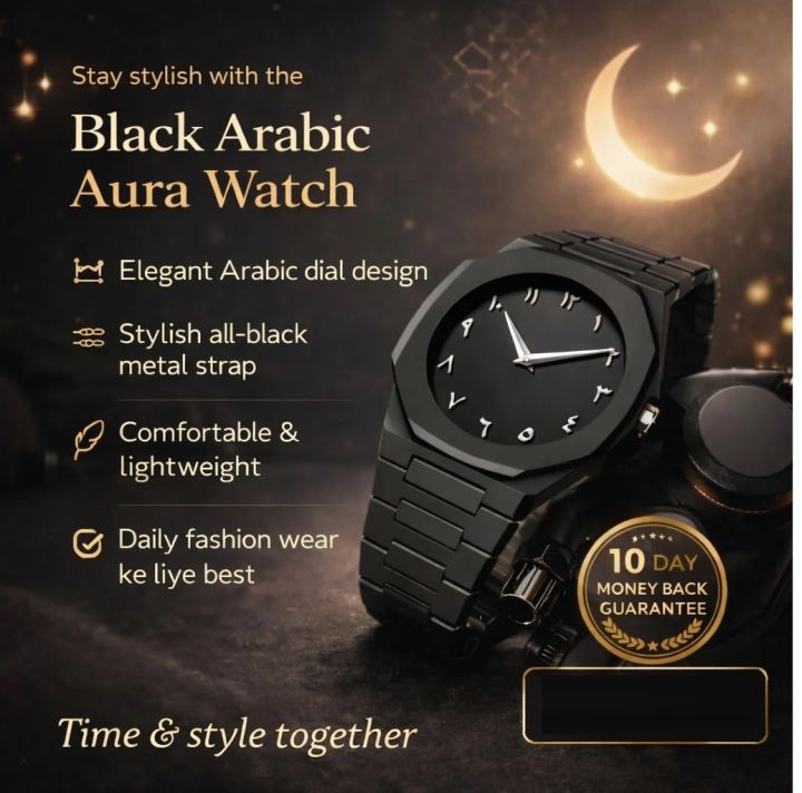 Arabic Aura Watch 2026 Black Modern Creative Design Waterproof Stainless Steel Chain Quartz Movement,,