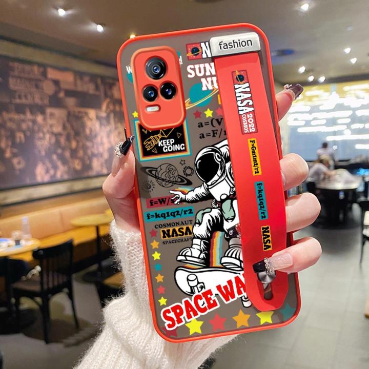 JIUMOO for VIVO V21E 4G Case Fashion Tide Cool Space Astronaut With Wristband Thin Frosted Transparent Hard Phone Case Full Cover Camera Silicone Softcase Pattern Casing Shockproof Protection Cases