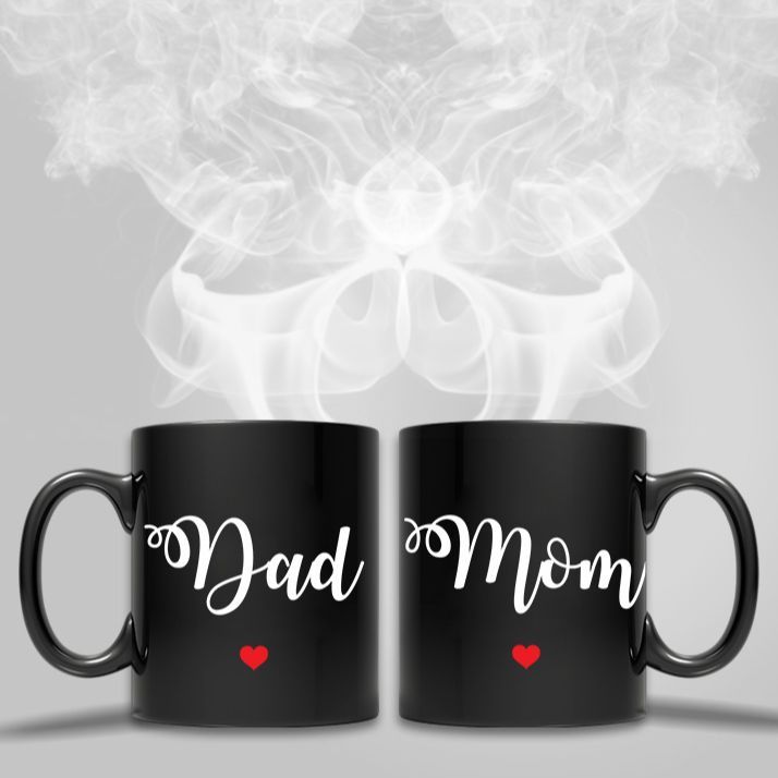 Pack of 2 Coffee Mug Black, Dad Mom - Both Sides HD Printed, Ceramic 11oz Capacity, Fully Customised Best Gift for Mother & Father, Couple Mugs