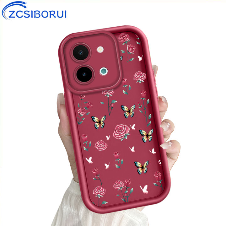 ZCSIBORUI for Vivo Y28 4G Back Cover Rose Flower+Butterfly Pattern Soft Silicone Square Ladder Phone Case