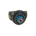 2022Accessories Blue Gem Micro-Inlaid Zircon Ring Men's Retro Pattern Two-Color Open Ring. 
