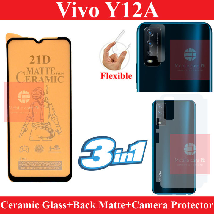 Vivo Y12A Ceramic Matte 9D Antishock Screen Protector And Carbon Fiber Matte Back Skin With Camera Lens Glass Combo
