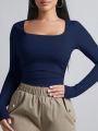 SQUARE NECKLINE LONG SLEEVE RUCHED SIDE CROP TEE. 