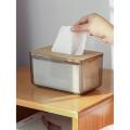 Tissue Box, Facial Tissue Dispenser Box with Bamboo Wood Lid, Transparent Container, Modern Minimalist Design. 