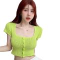 Women's Summer Knit Crop Tops, Solid Ribbed Square Neck Short Sleeve Button Slim Show Navel T-Shirts. 