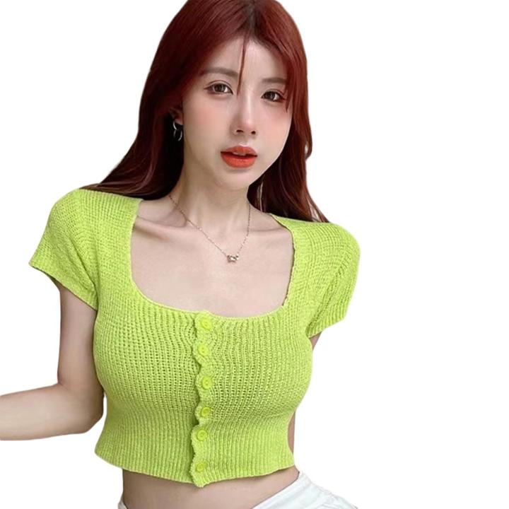 Women's Summer Knit Crop Tops, Solid Ribbed Square Neck Short Sleeve Button Slim Show Navel T-Shirts