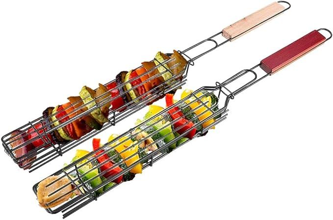 Single Kabob Baskets Grilling Basket, BBQ Long Handle Grill Basket Non-Stick Barbecue Rack Kebab BBQ Grill Box Tool for Roast Fish Vegetable Shrimp Seafood,