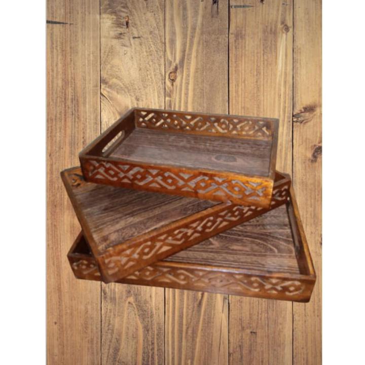 Serving Tray with Handles Set of 3-Large, Medium and Small Tray for Food, Kitchen, Party, Home Décor, Butler or Ottoman Wood Serving Tray Set High Quality Strong Wood