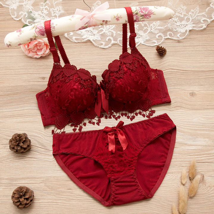 Women Red Yellow Lace Trim Half Cup Padded Bras Bralette Panties Push Up  Sexy Lingerie Sets Underwear A B | Daraz.pk