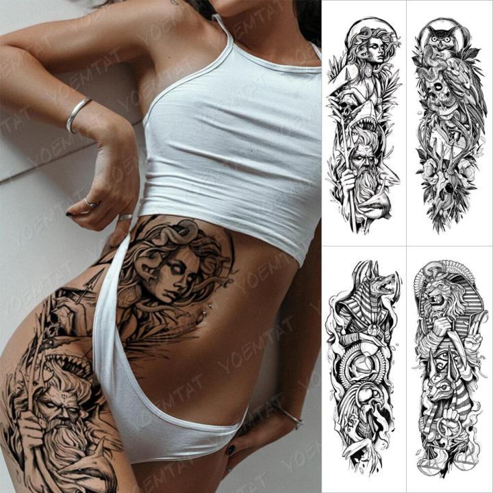 Waterproof Temporary Big Arm Sleeve Tattoo Sticker Greek Goddess Medusa Poseidon Owl Flash Tattoos Woman Body Art Tatto Men