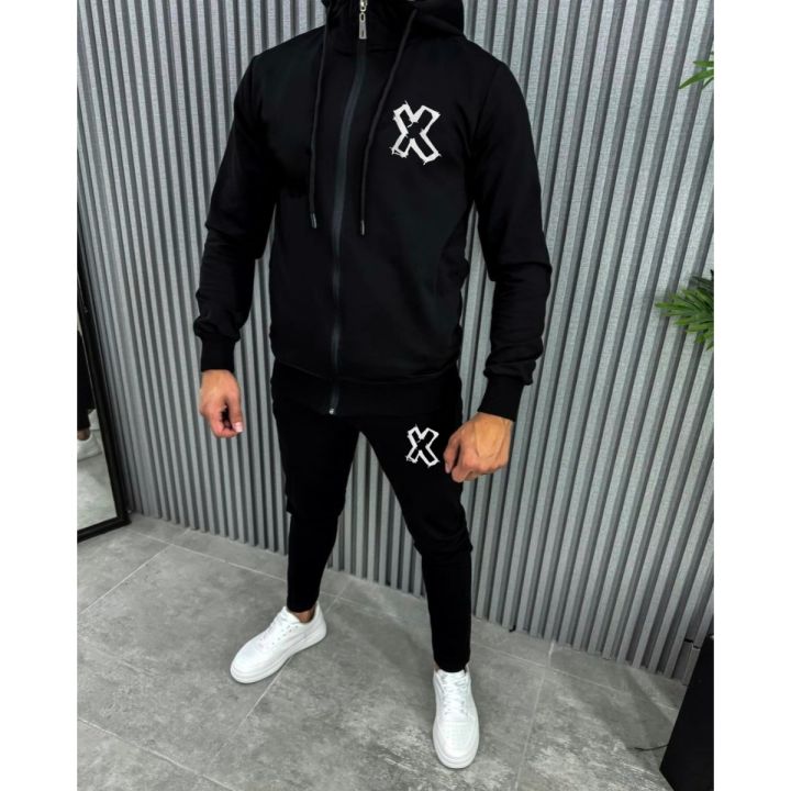 Black Trendy Zipper Printed Tracksuit For Men - Hoodies For Men