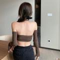 Women’s Casual Long Sleeve T-shirt Fashion Solid Color Boat Neck Exposed Navel Chain Halter Tops. 