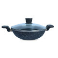SK Cookware 24 cm Round Sleek Handles Marble Coated Wok (Karahi) with Glass Lid - (Wok Only). 