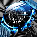 Geneva Watch Men's Fashion Business Calendar Watches Blue Stainless Steel Mesh Belt Analog Quartz Wristwatch Jam Tangan. 